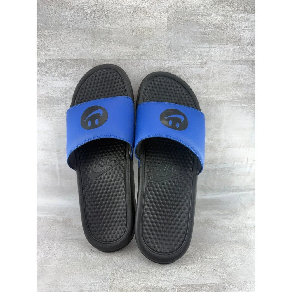 Nike Benassi JDI Slides Blue Black Smiley Face Swoosh 631261-018 Men Sz 10